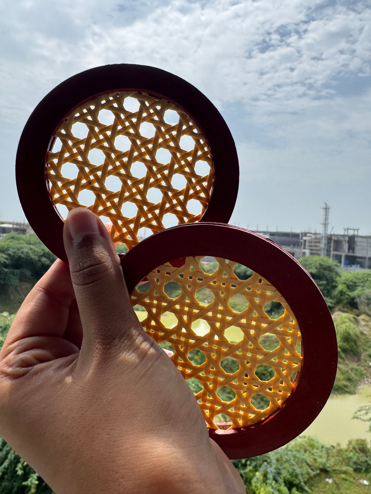 “IBHI Vanshree (वंश्री) Coasters – Set of 2, 4-inch coasters with natural rattan cane center (3 inch) and hand-painted brown MDF border”