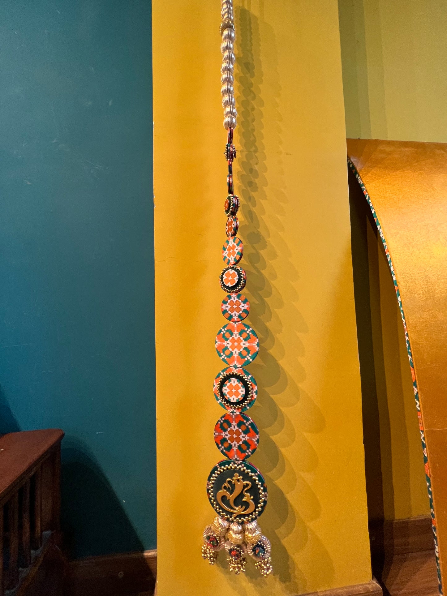 Dangler Ganesh Hanging: Bottle Green & Maroon Navratna Patola