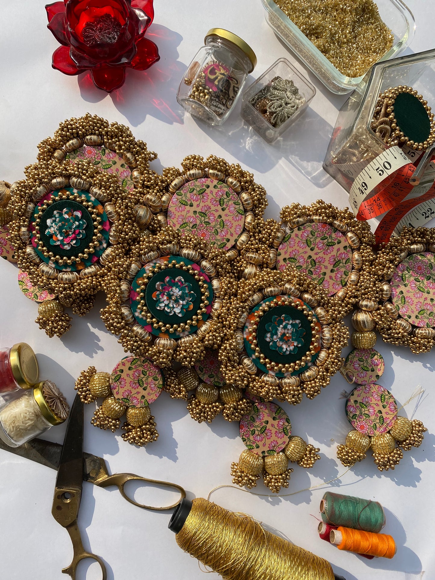 Chic-O-Fleek Dangler Colossal Toran (37 inches): Bottle Green Navratna Patola & OG Inflorescence Divine Pichwai Toran (Flexible)