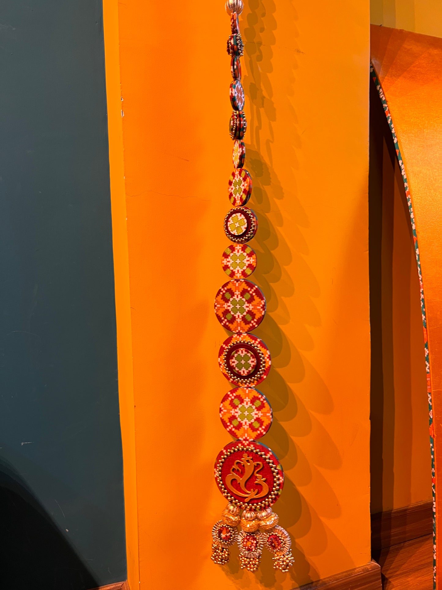 Dangler Ganesh Hanging: Bottle Green & Maroon Navratna Patola