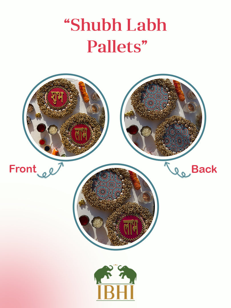Bottle Green Navratna Patola & Upended Confluence Intense Ajrakh Beaded Shubh Labh Pallets- Set of two
