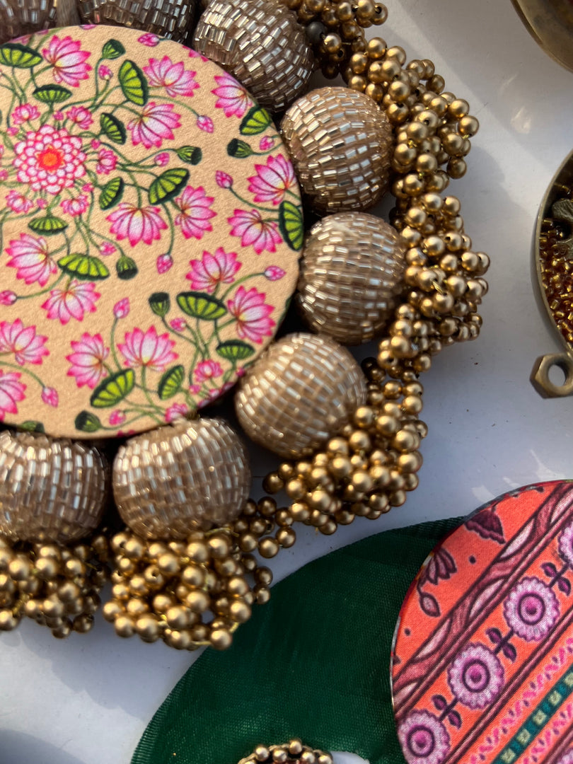 Spherical Mini Pallet: Flare Mor Bani Thangat Kare + Pastel Pistachio Inflorescence Divine Pichwai