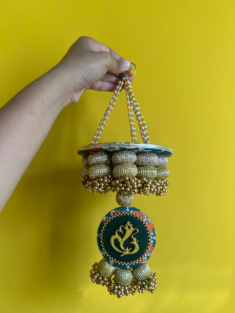 Golden Yellow Navratna Patola Ganesh Pearl Hanging