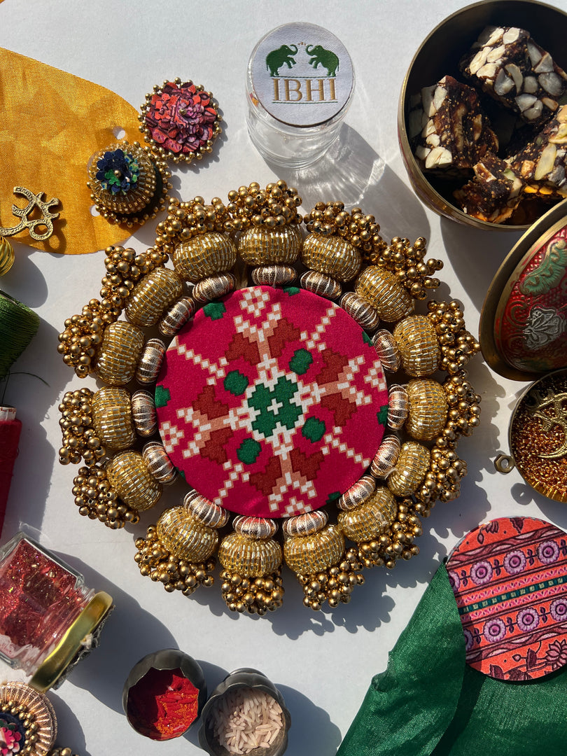 Chaandbali OM Pallet: OG Inflorescence Divine Pichwai + Maroon Navratna Patola