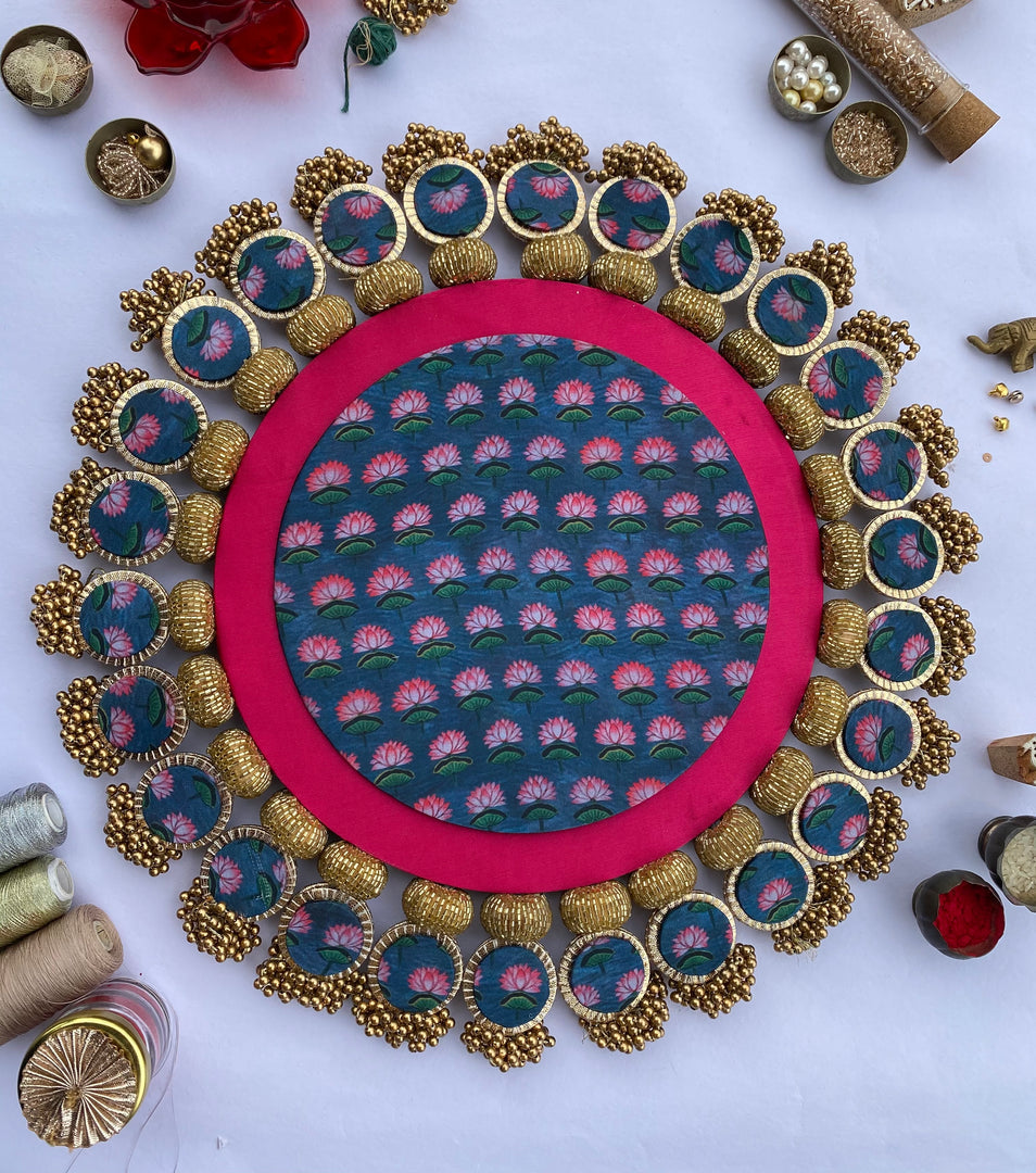 Ajrakh + Pastel Pistachio Inflorescence Divine Pichwai Glass Rhapsody Lumba Rangoli