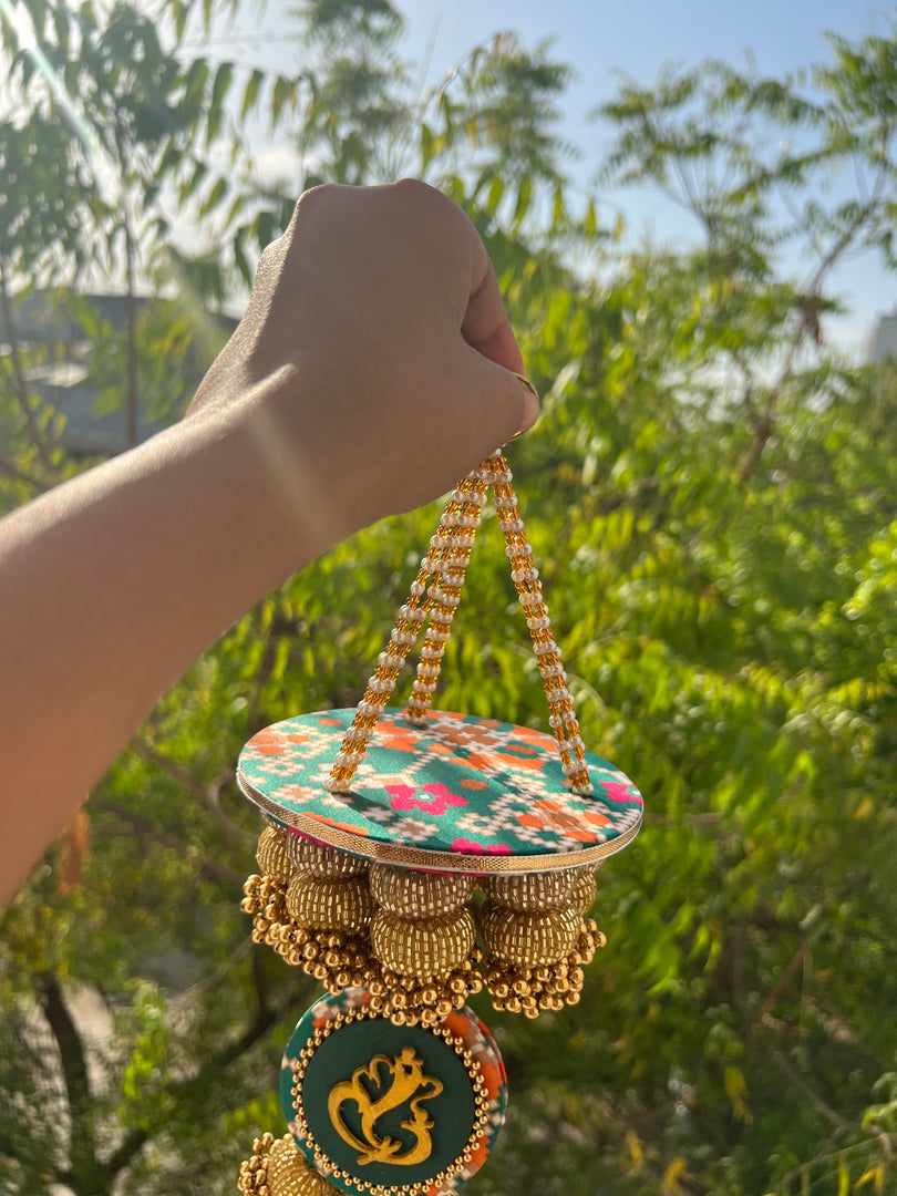 Golden Yellow Navratna Patola Ganesh Pearl Hanging