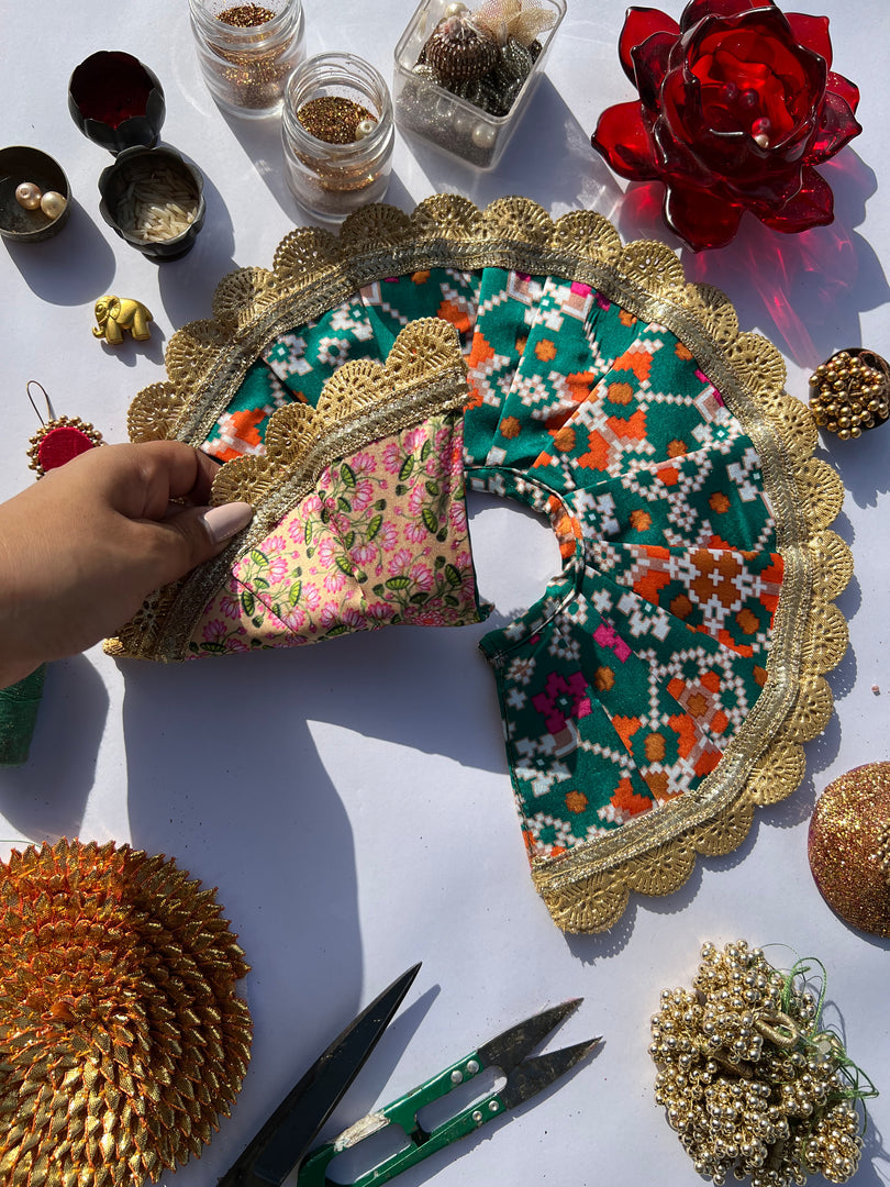 Two Way Pink Navratna Patola & Pastel Pistachio Inflorescence Divine Pichwai Scallop Poshak