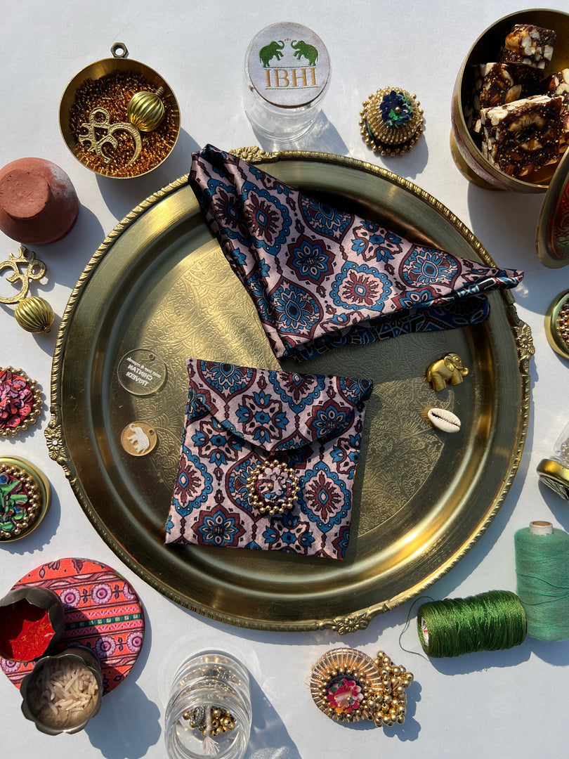 POCKET SQUARE + MINI POUCH: Pink + Orange Navratna Patola