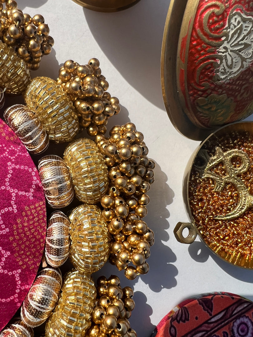 Chaandbali OM Pallet: OG Inflorescence Divine Pichwai + Maroon Navratna Patola