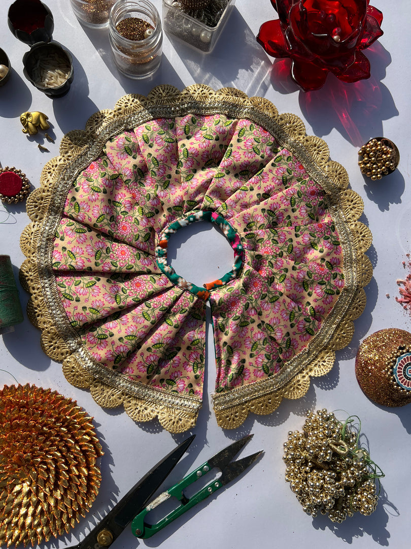 Two Way Pink Navratna Patola & Pastel Pistachio Inflorescence Divine Pichwai Scallop Poshak