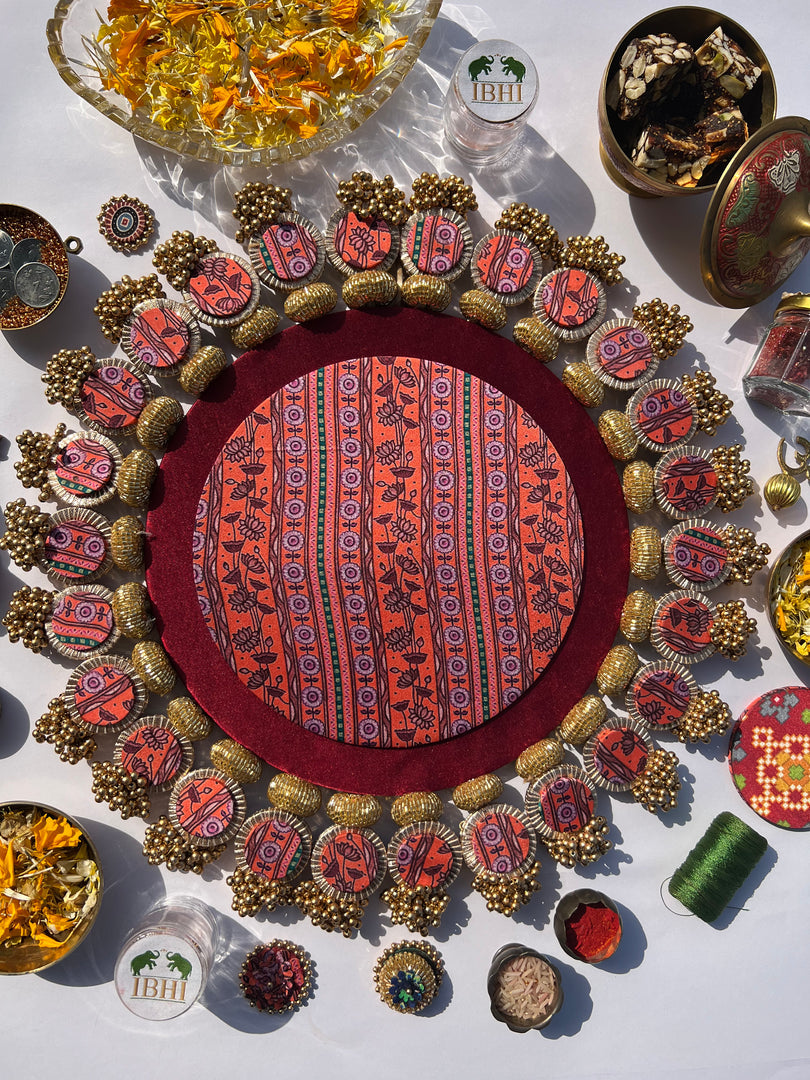 Ajrakh + Pastel Pistachio Inflorescence Divine Pichwai Glass Rhapsody Lumba Rangoli