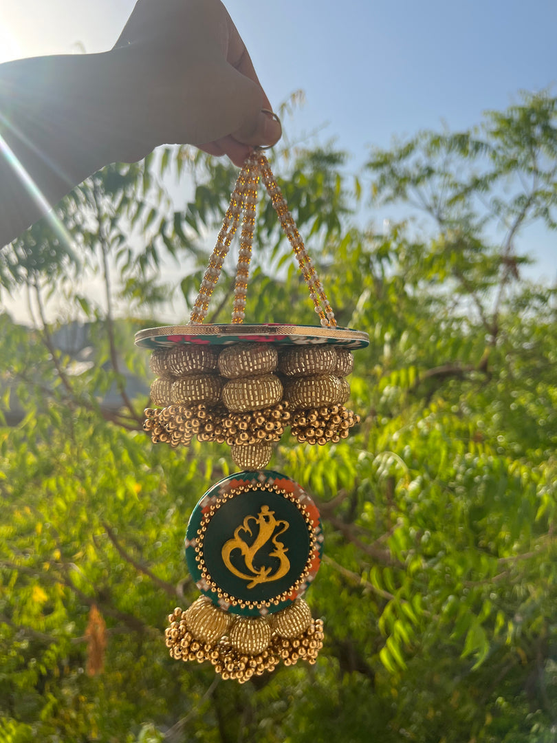 Golden Yellow Navratna Patola Ganesh Pearl Hanging