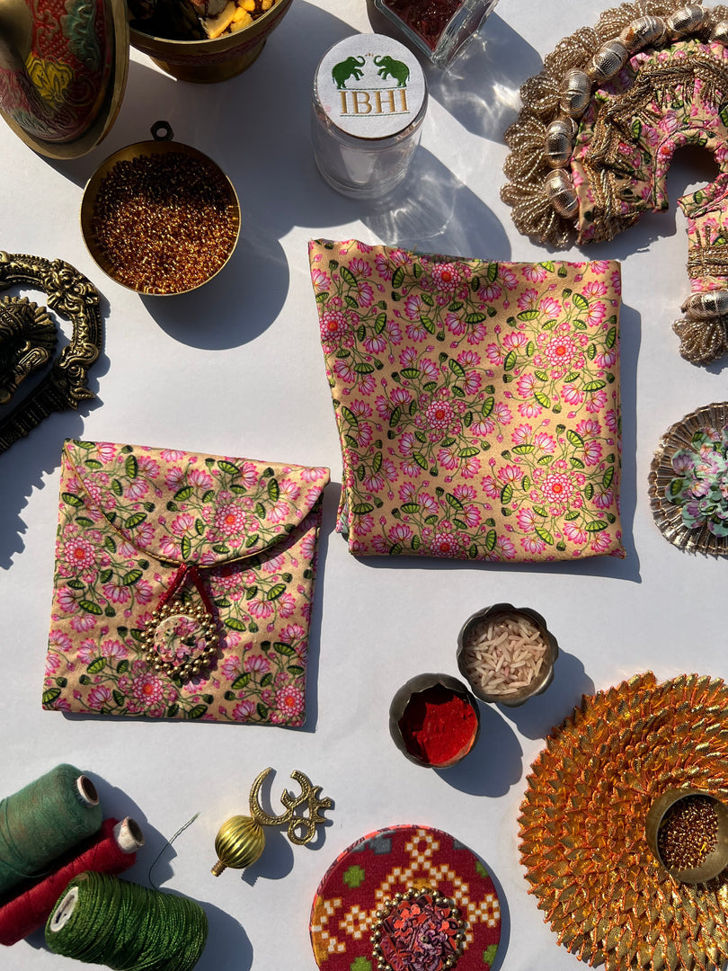 POCKET SQUARE + MINI POUCH: Pink + Orange Navratna Patola