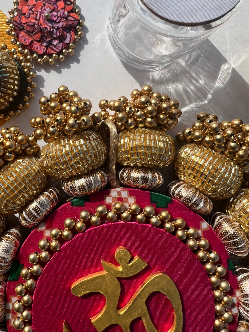 Chaandbali OM Pallet: OG Inflorescence Divine Pichwai + Maroon Navratna Patola