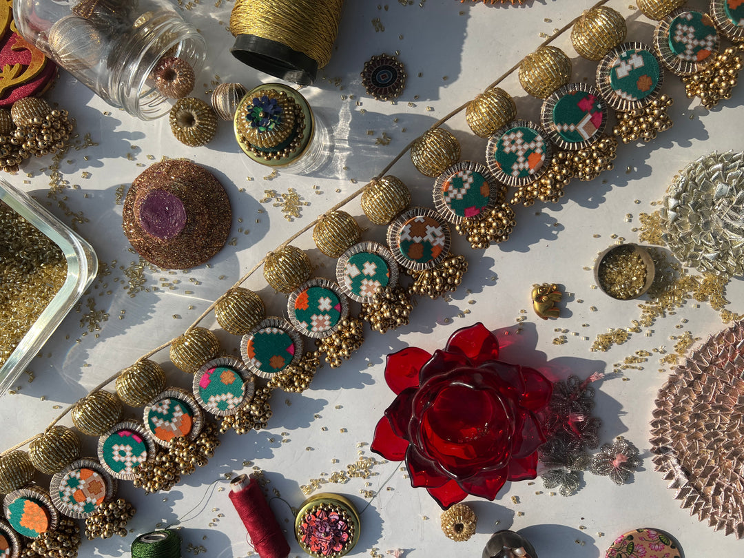 The Ready To Glam Vermillion + Yellow Congruous Divine Pichwai Glass Lumba Toran (Flexible)