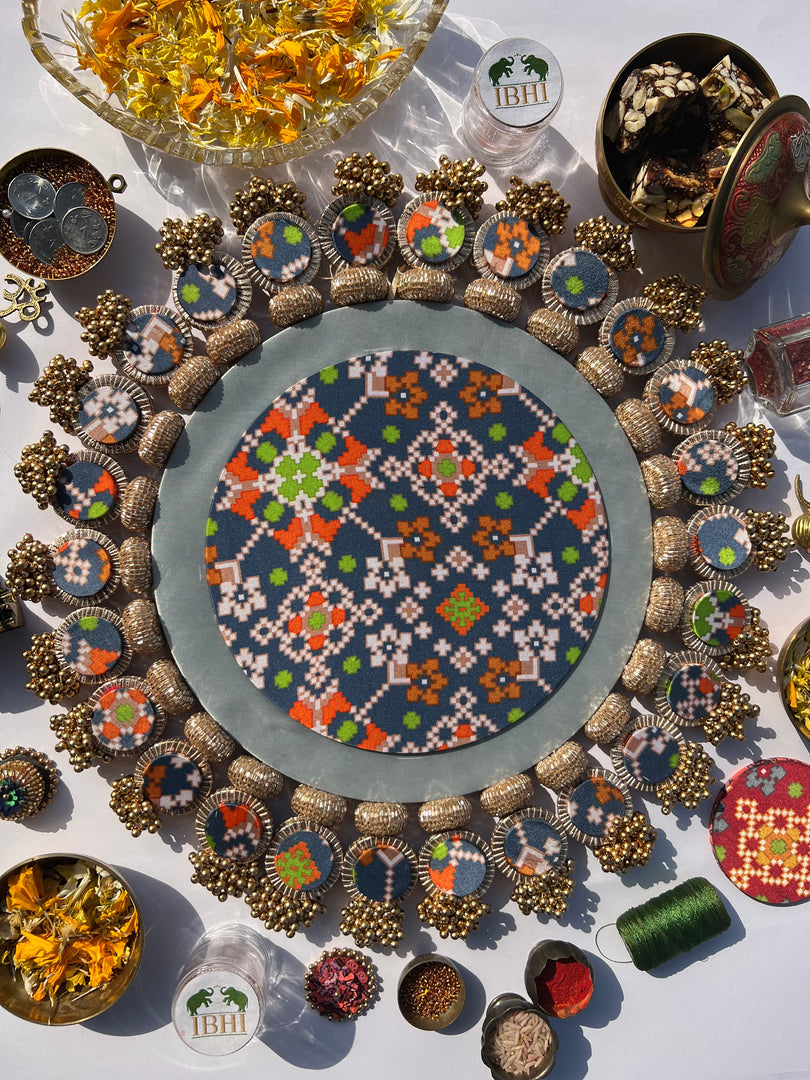 Ajrakh + Pastel Pistachio Inflorescence Divine Pichwai Glass Rhapsody Lumba Rangoli