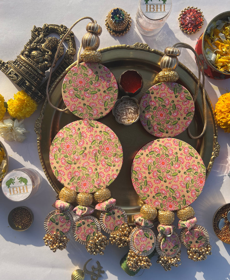 Vermillion Congruous Divine Pichwai Shubh Labh Floral Danglers