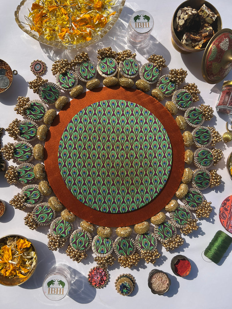 Ajrakh + Pastel Pistachio Inflorescence Divine Pichwai Glass Rhapsody Lumba Rangoli