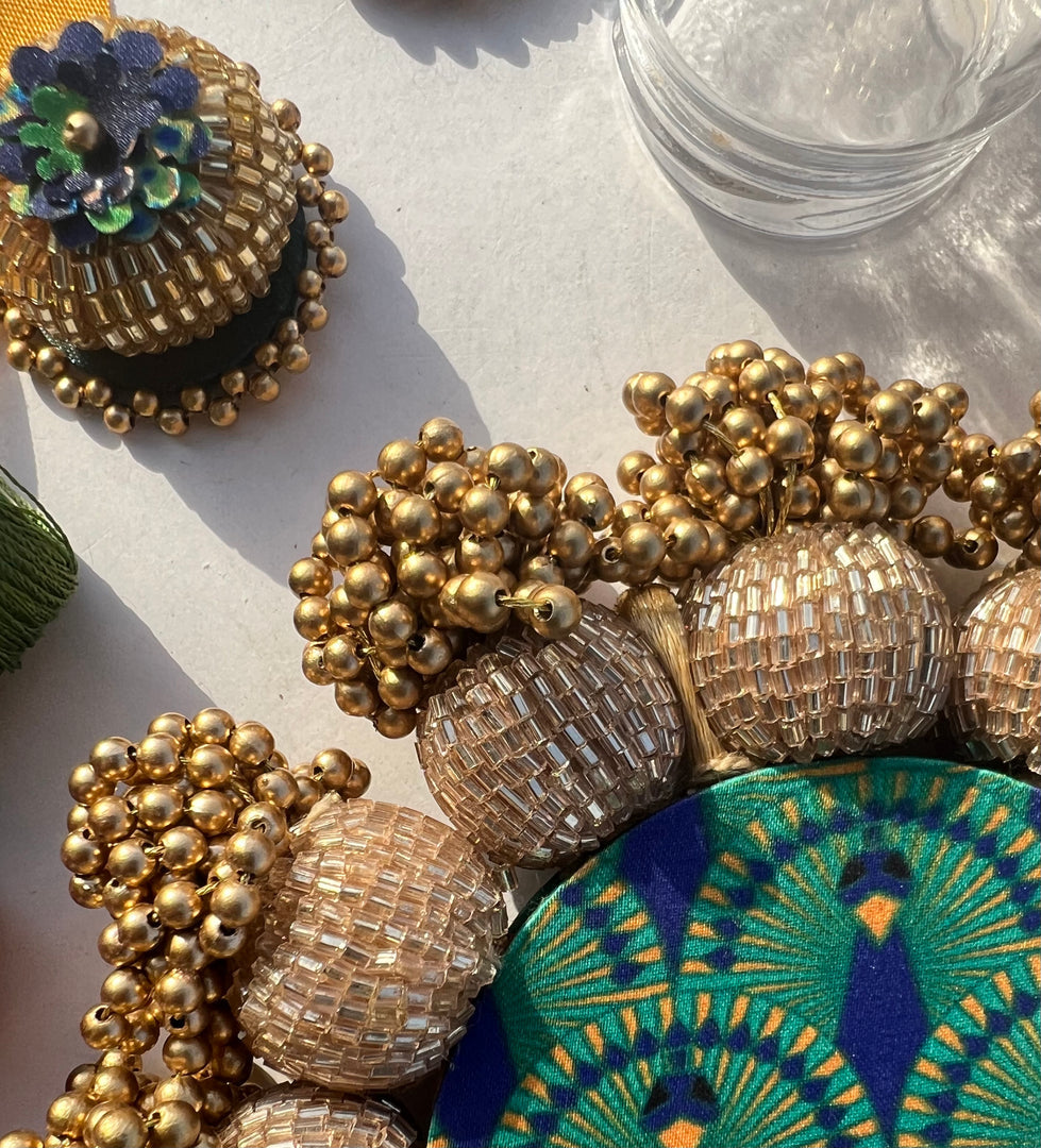 Spherical Mini Pallet: Flare Mor Bani Thangat Kare + Pastel Pistachio Inflorescence Divine Pichwai