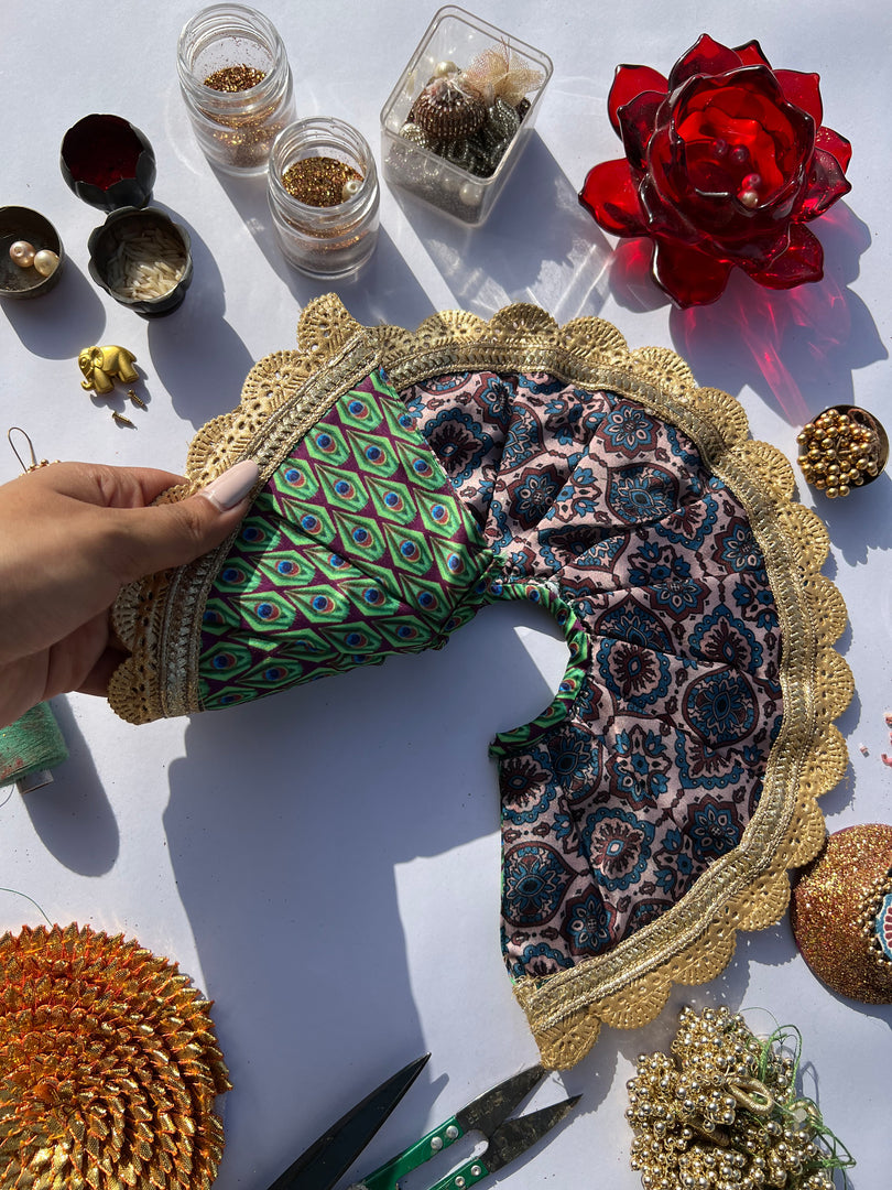 Two Way Pink Navratna Patola & Pastel Pistachio Inflorescence Divine Pichwai Scallop Poshak