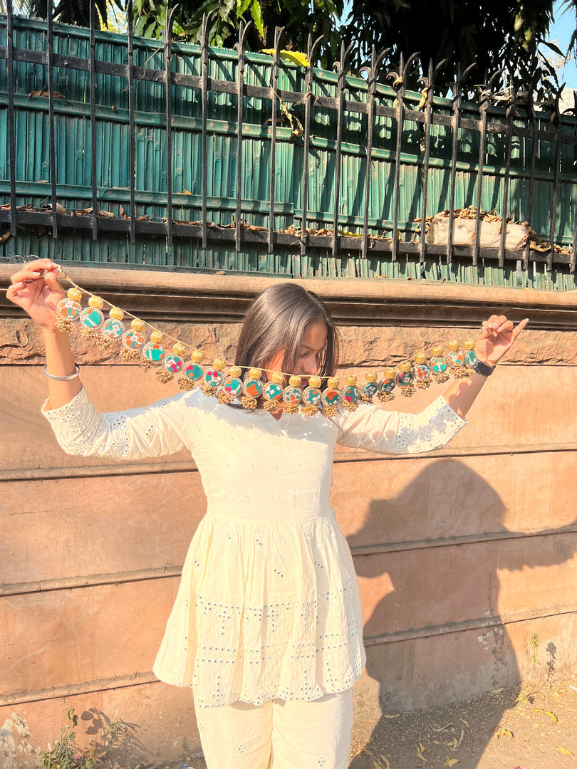 The Ready To Glam Vermillion + Yellow Congruous Divine Pichwai Glass Lumba Toran (Flexible)