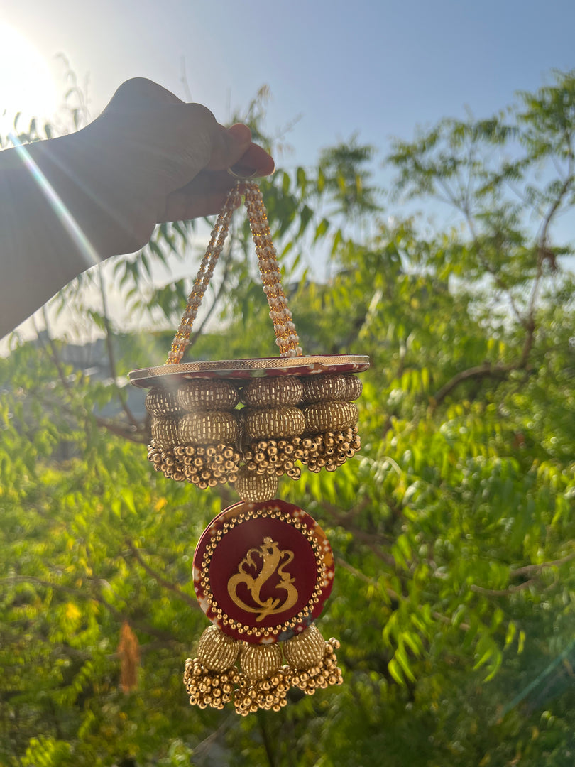 Golden Yellow Navratna Patola Ganesh Pearl Hanging