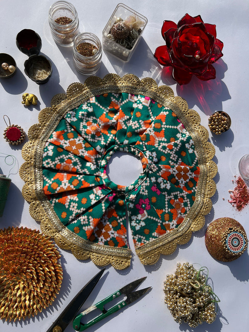 Two Way Pink Navratna Patola & Pastel Pistachio Inflorescence Divine Pichwai Scallop Poshak