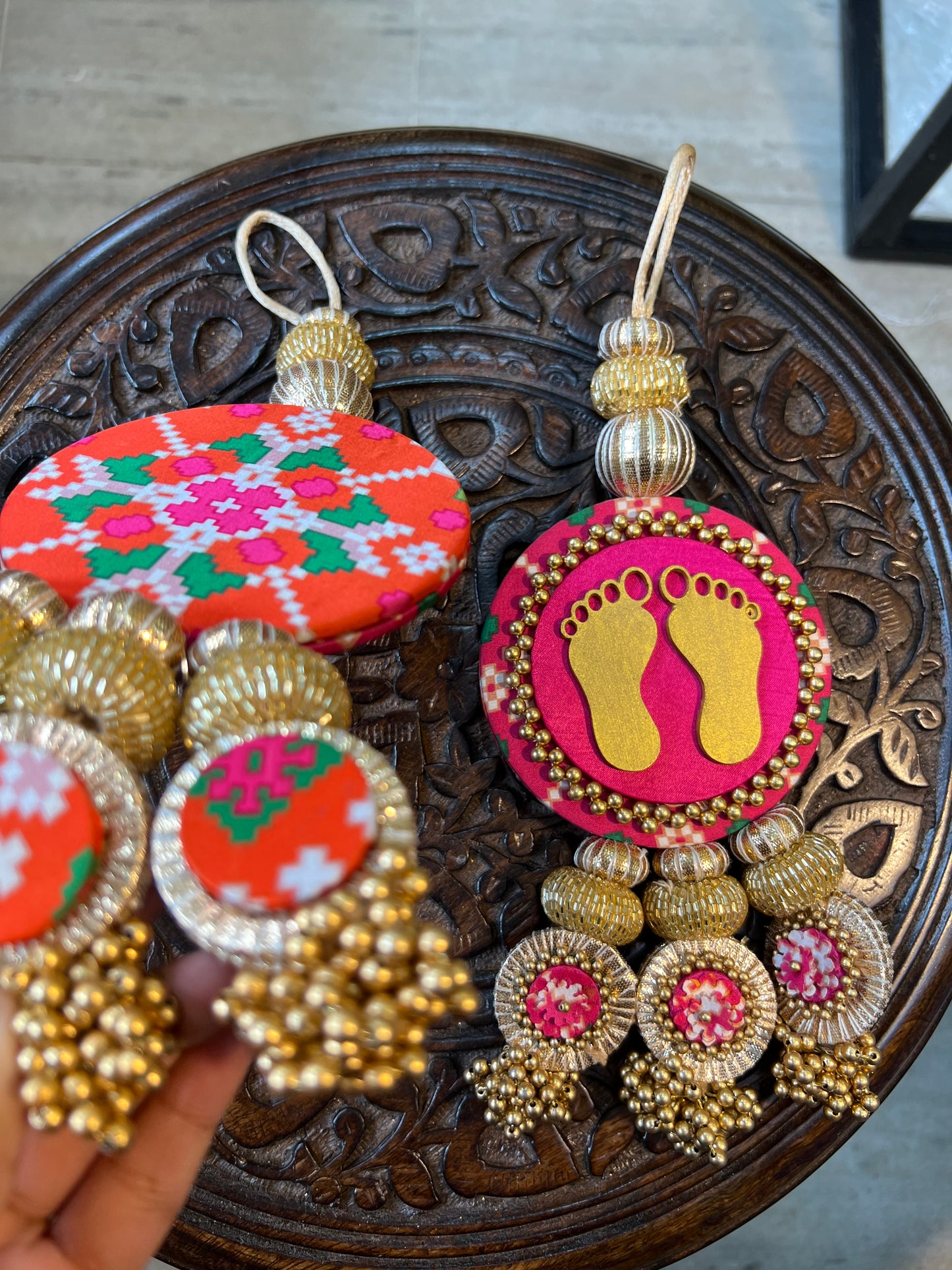 Lakshmi Pagla Danglers: Pink & Orange Navratna Patola