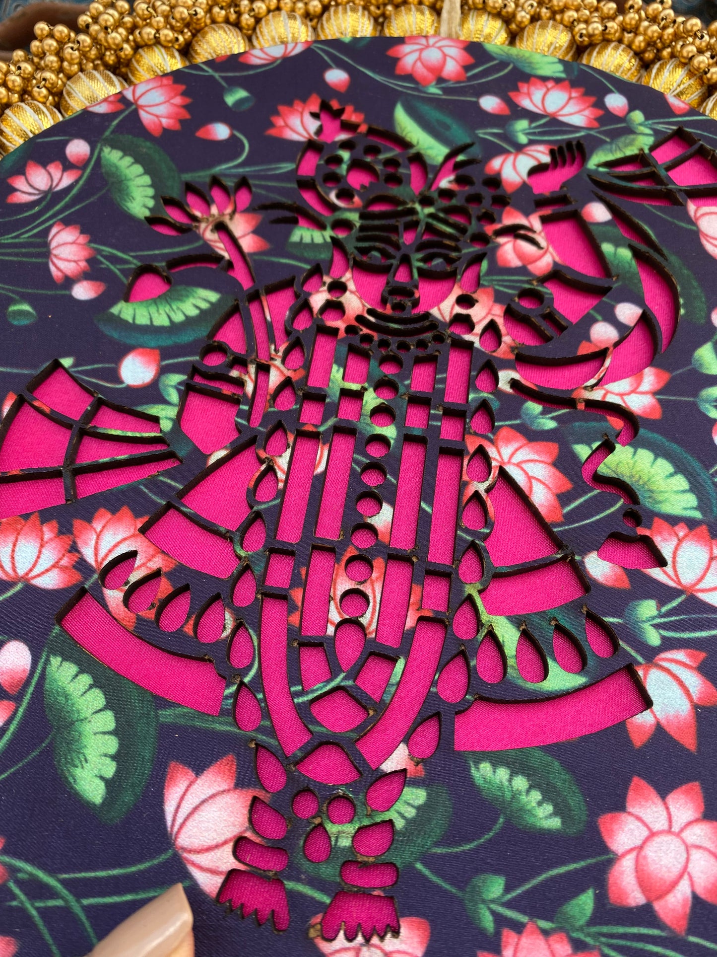 Shrinathji: Classic Pink Colloquial Divine Pichwai + Golden Yellow Navratna
