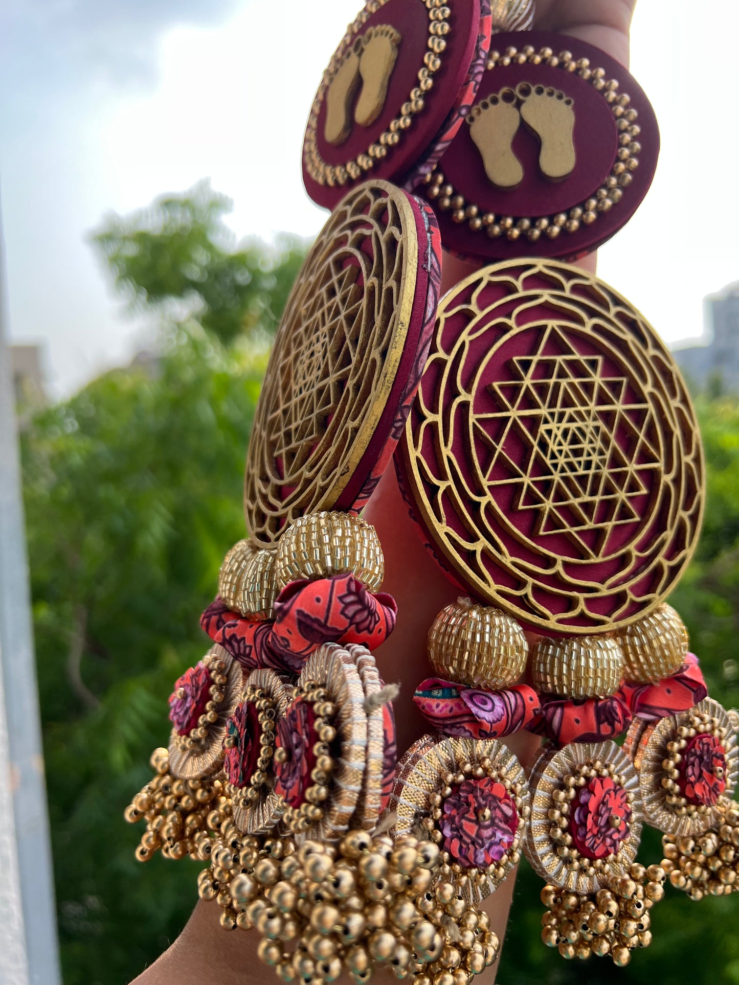 Shri Yantra & Lakshmi Pagla Danglers: Solid Maroon + Vermillion Divine Pichwai