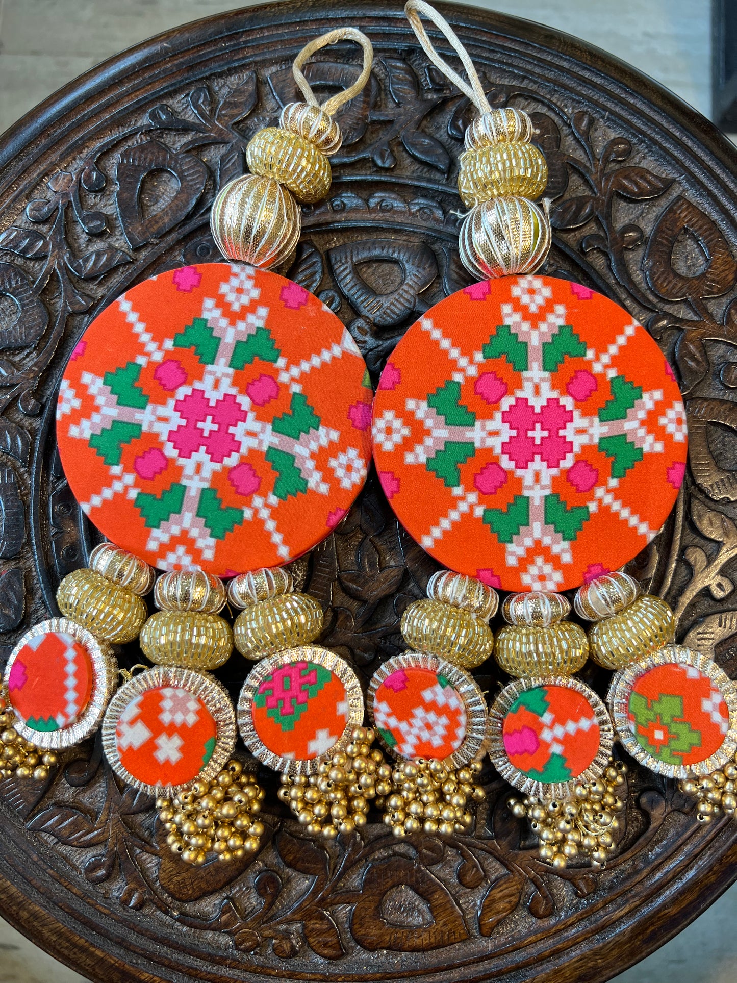 Lakshmi Pagla Danglers: Pink & Orange Navratna Patola