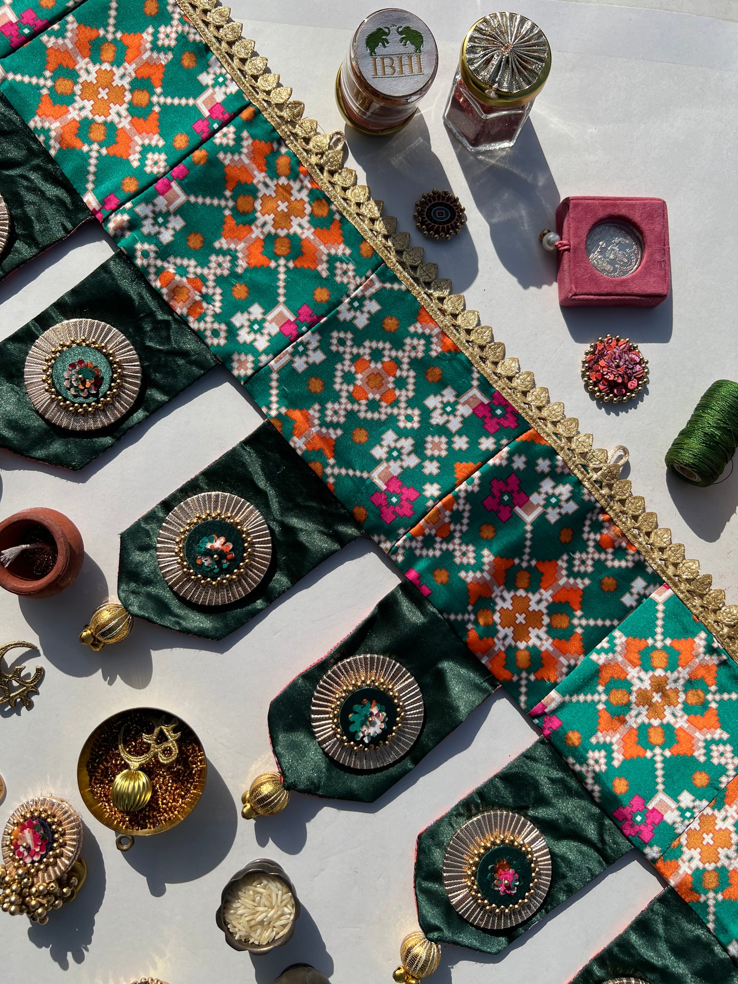 OG Style Toran: Bottle Green Navratna Patola + Congruous Divine Pichwai (Flexible)