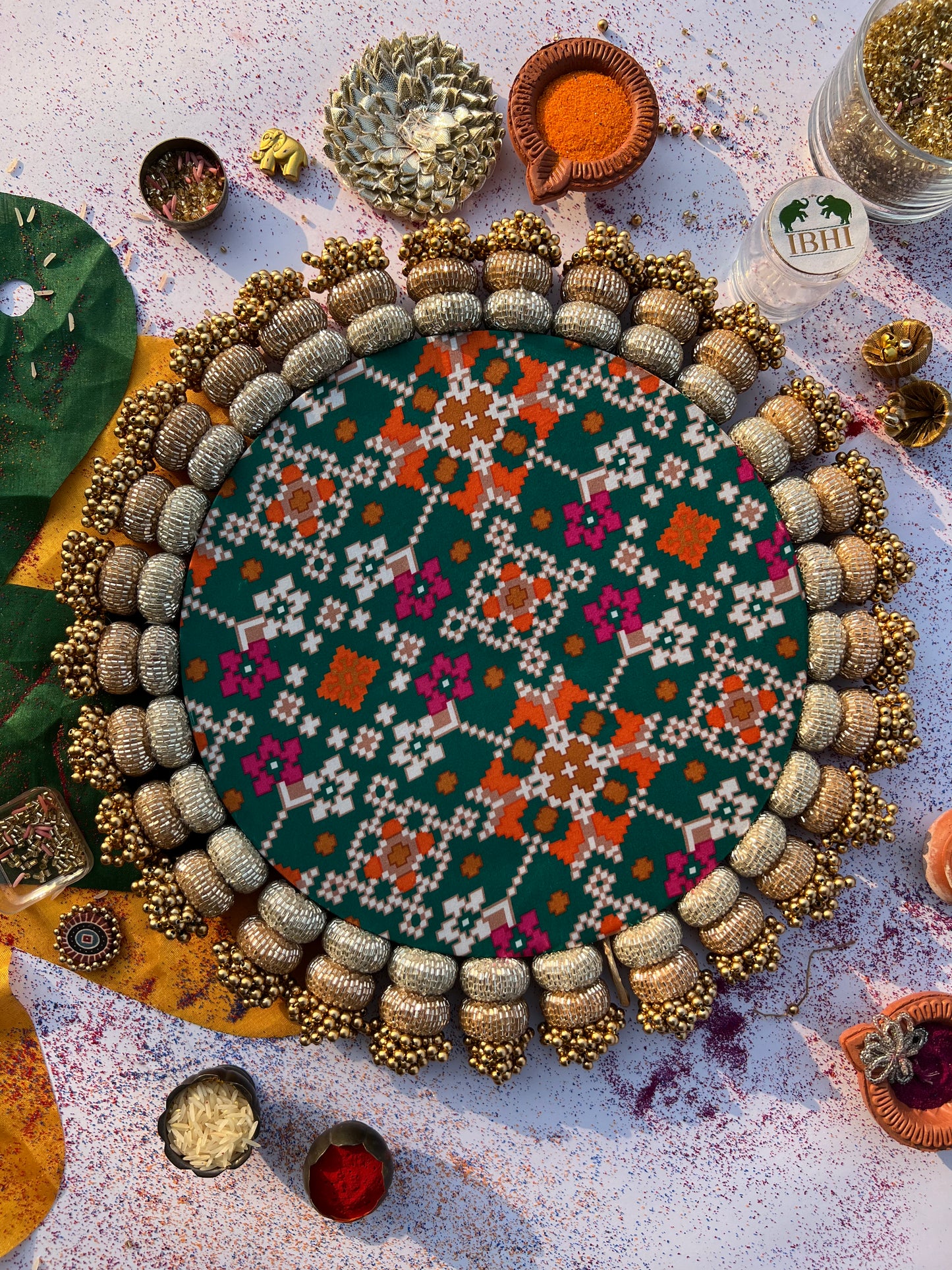 Chandbali combo : Bottle Green Navratna Patola + Rosie Rani Bandhej