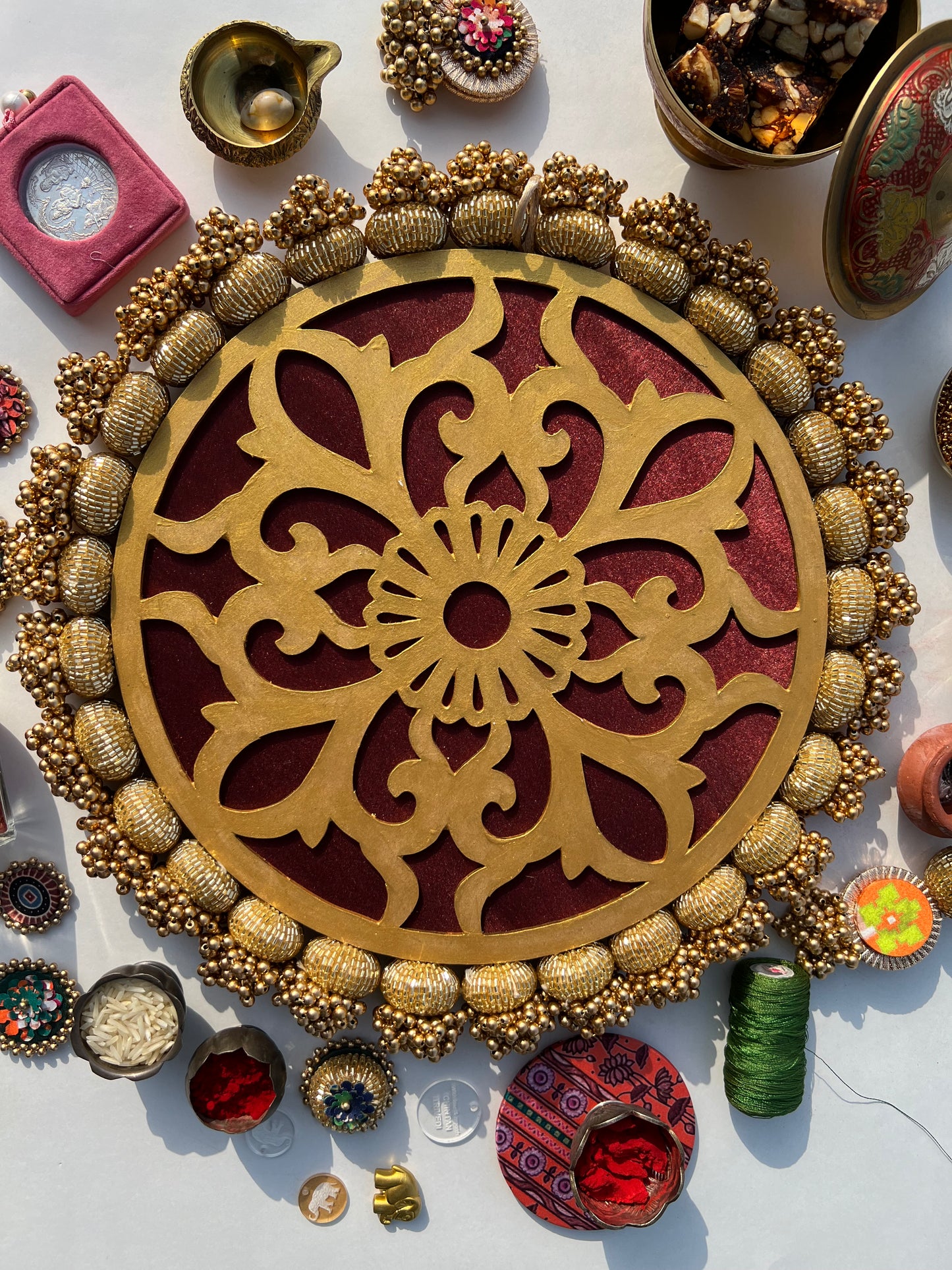 Manjari Rangoli: Solid Wine + Octagonal Ornamentation Intense Ajrakh