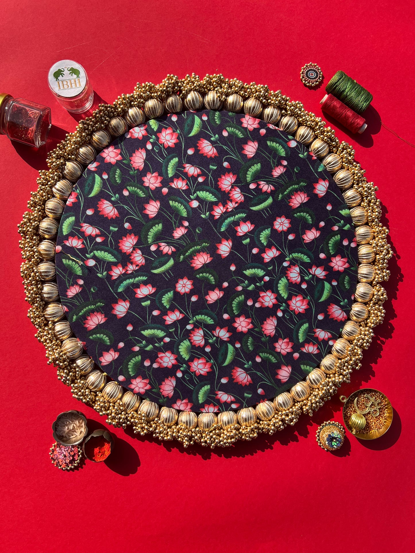 Kumkum Charan Thaal: Gehra Neela Divine Pichwai