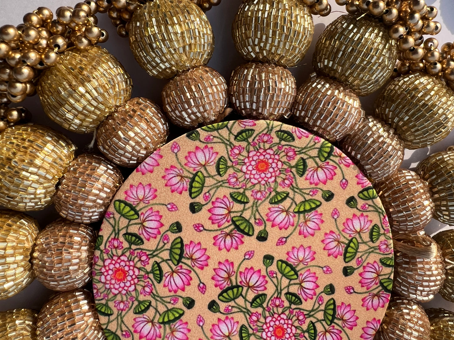 Spherical Chaandbali OG Inflorescence Divine Pichwai and Maroon Navratna Patola Diya Pallet