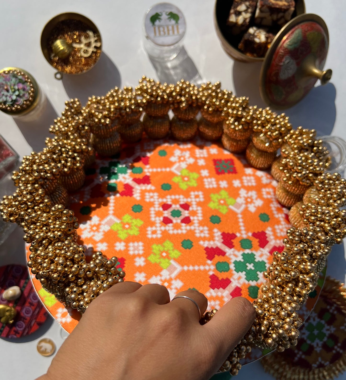Golden Yellow Navratna Patola Dangler Platter (Medium)