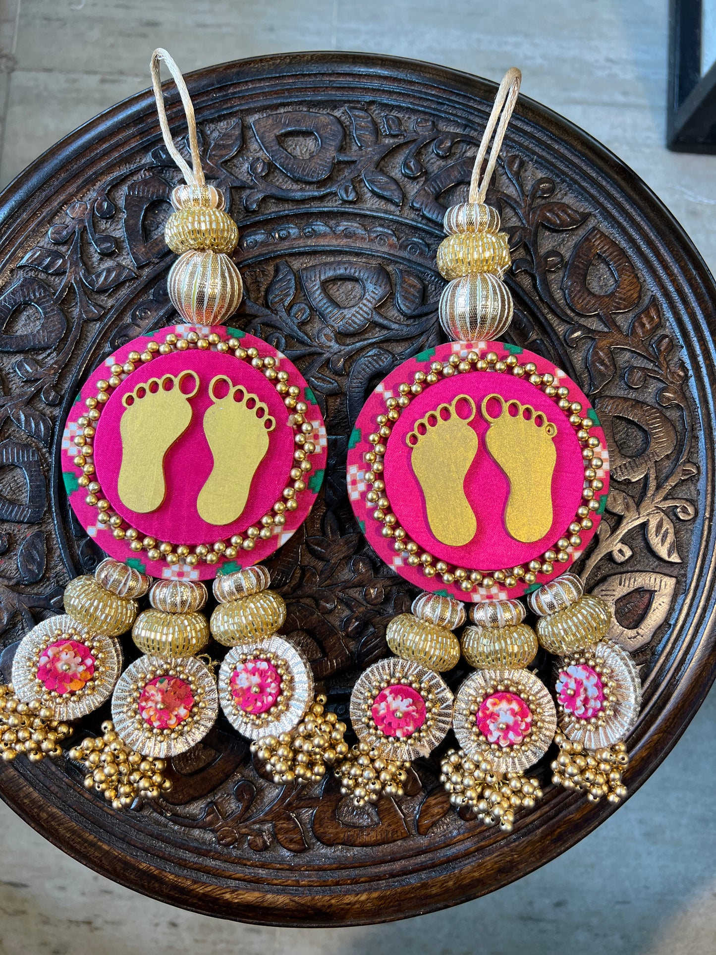 Lakshmi Pagla Danglers: Pink & Orange Navratna Patola