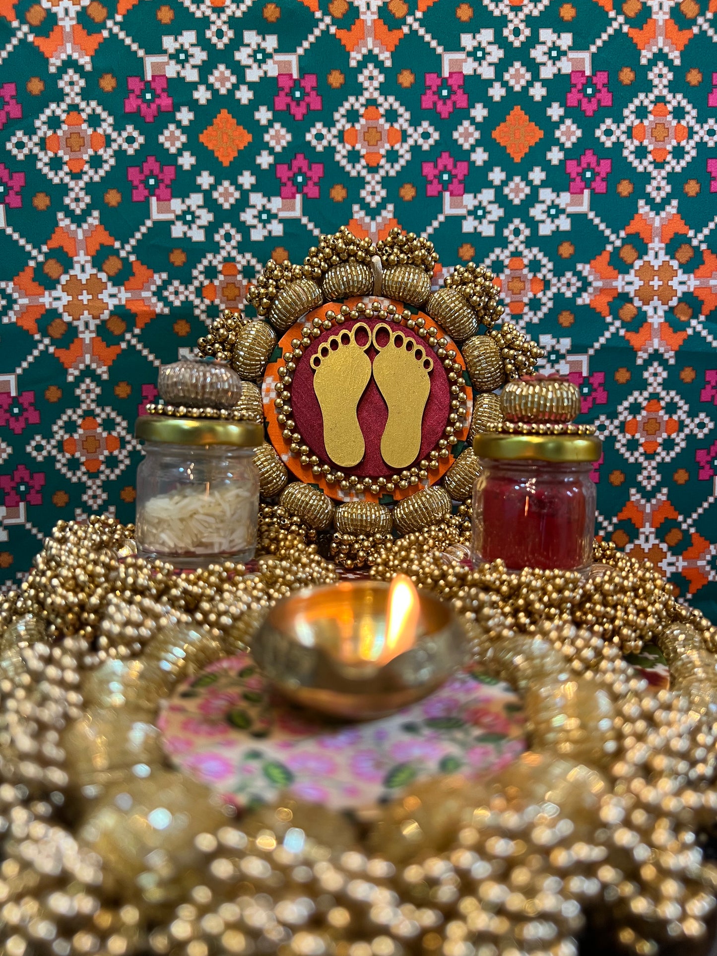 Lakshmi Pagla Pallet + Hanging: Golden Yellow Navratna Patola + Vermillion Congruous Divine Pichwai