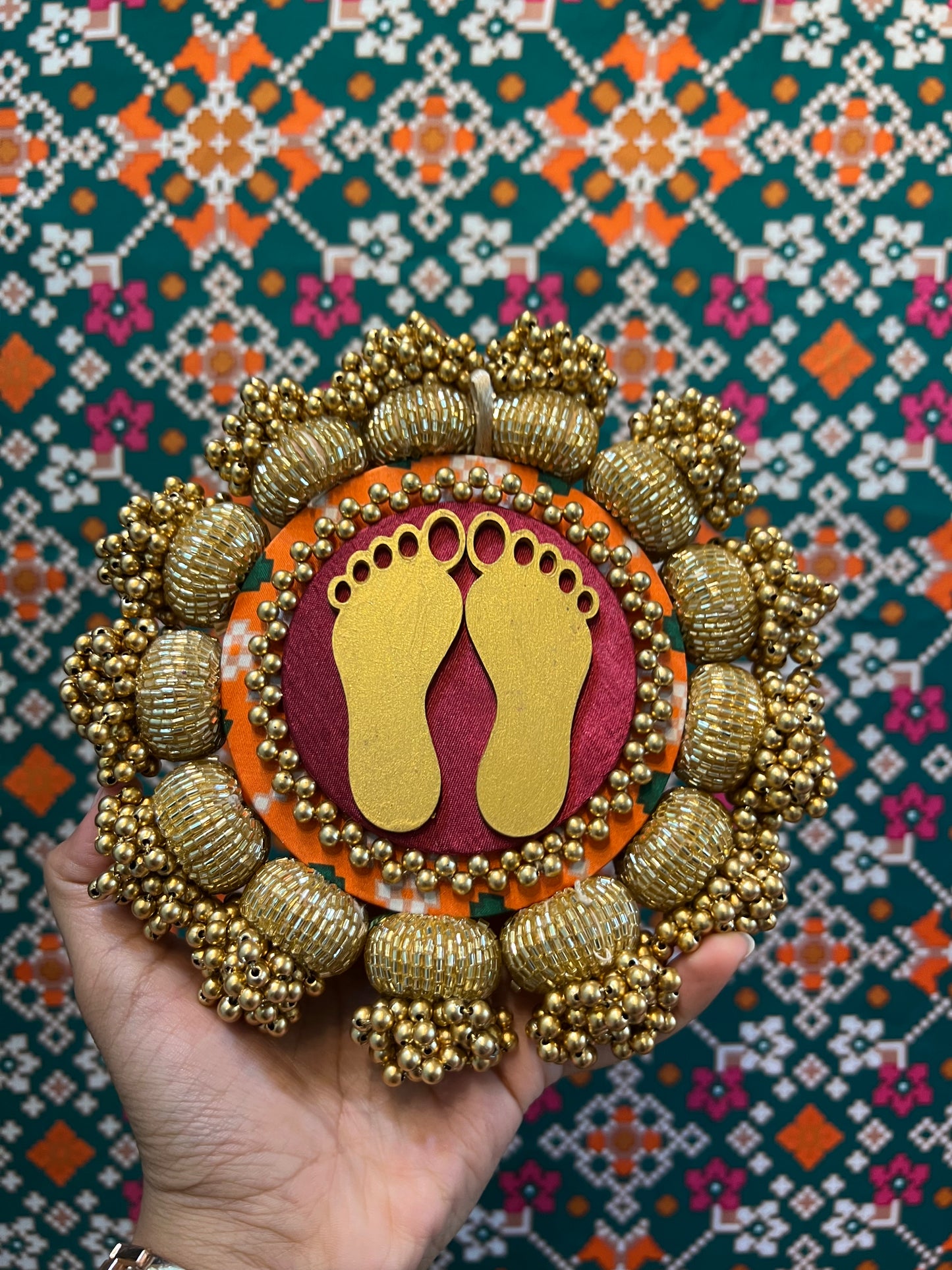 Lakshmi Pagla Pallet + Hanging: Golden Yellow Navratna Patola + Vermillion Congruous Divine Pichwai