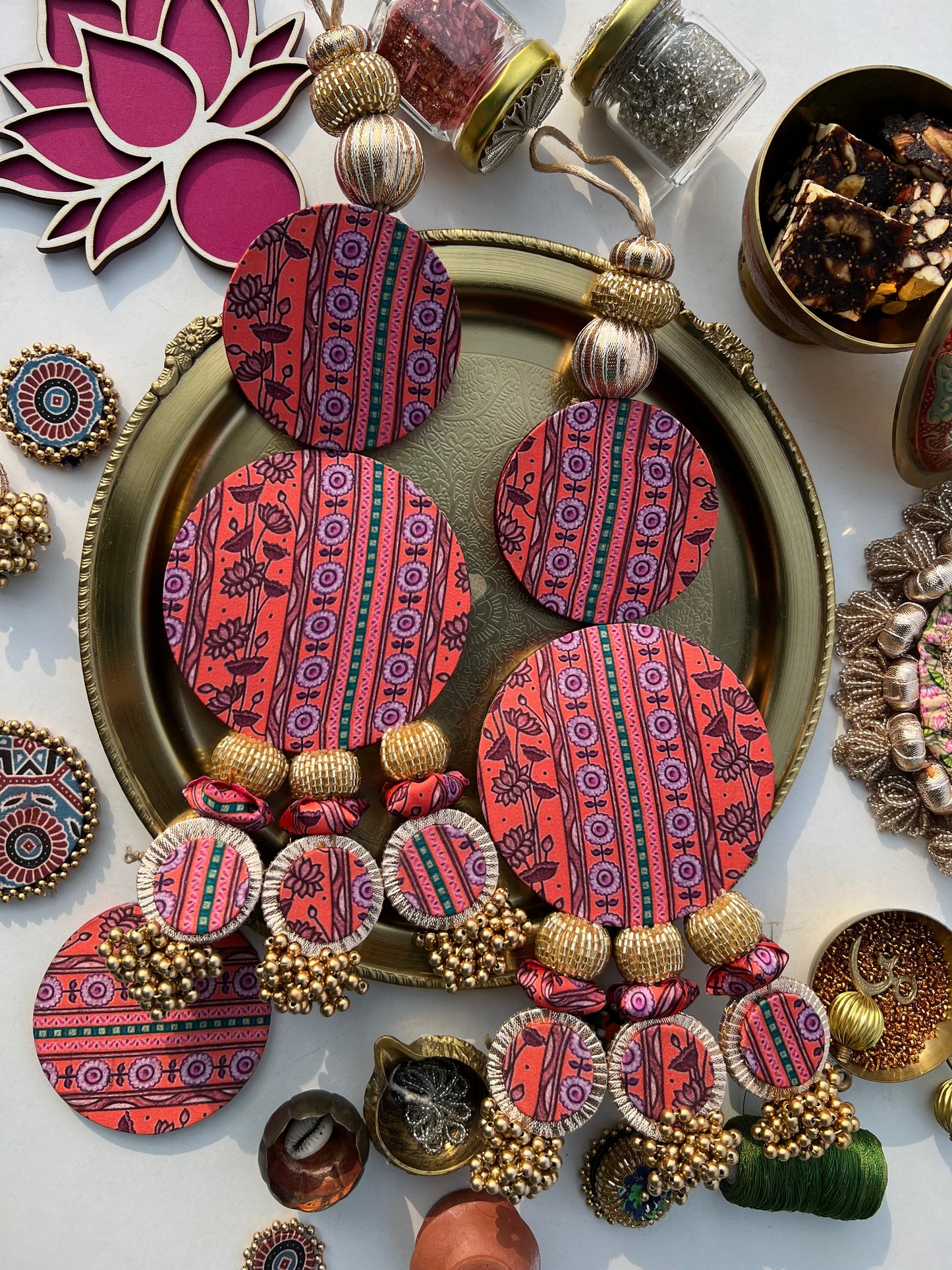 Shri Yantra & Lakshmi Pagla Danglers: Solid Maroon + Vermillion Divine Pichwai