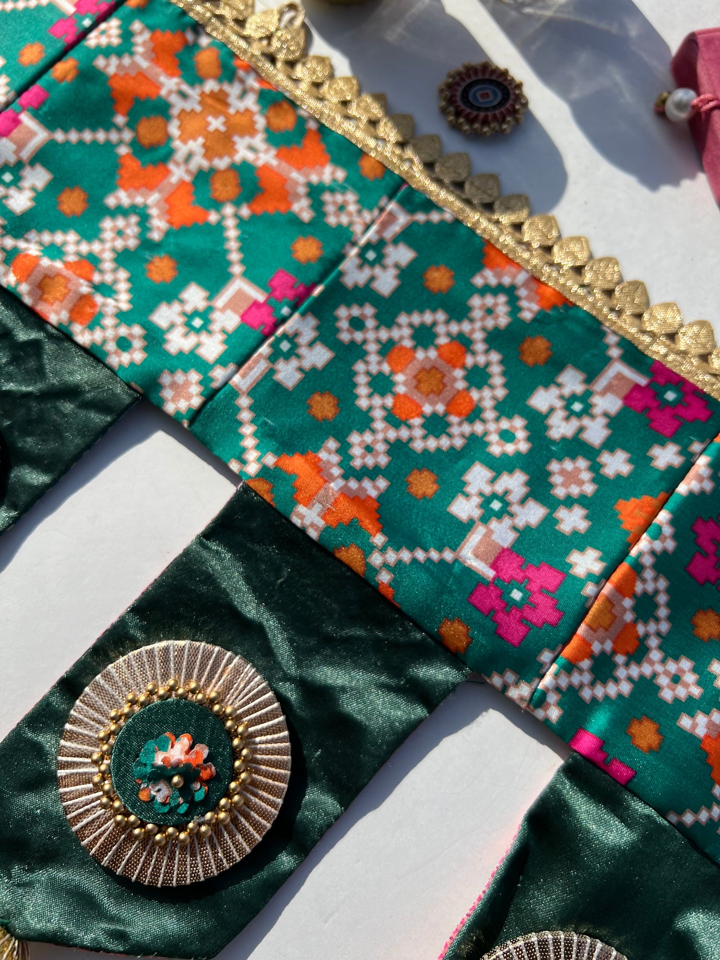 OG Style Toran: Bottle Green Navratna Patola + Congruous Divine Pichwai (Flexible)