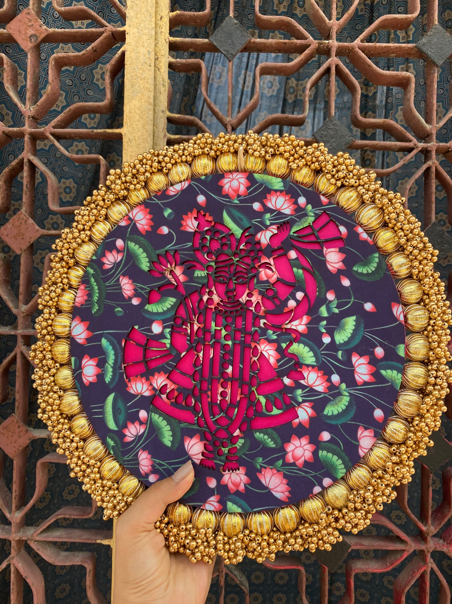 Shrinathji: Classic Pink Colloquial Divine Pichwai + Golden Yellow Navratna