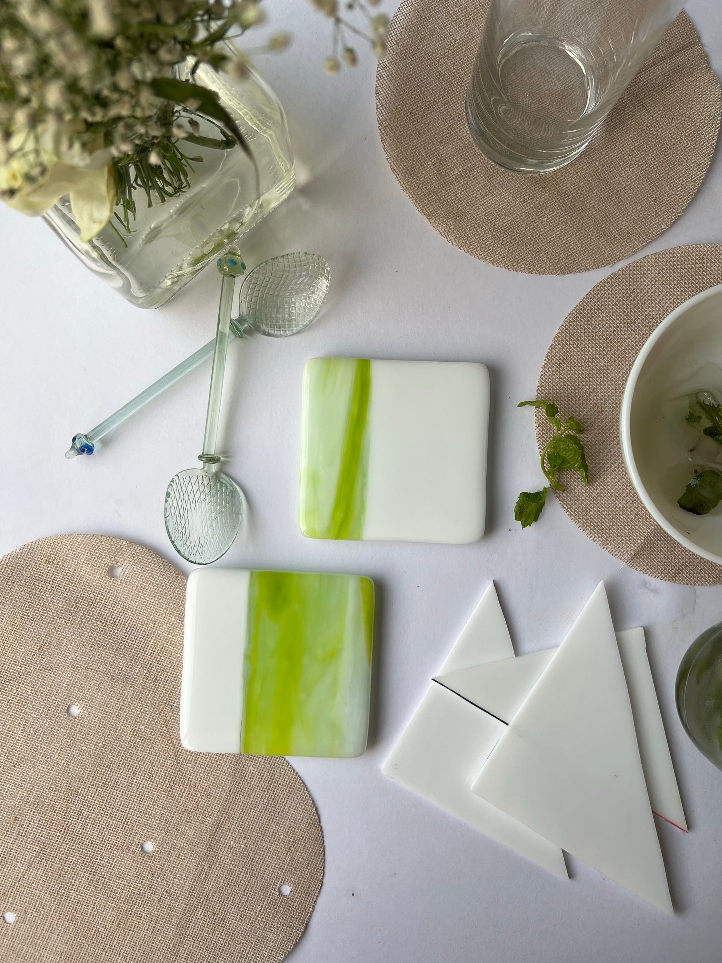 Verdure Green & Solid Milk White Fused-Glass Coasters