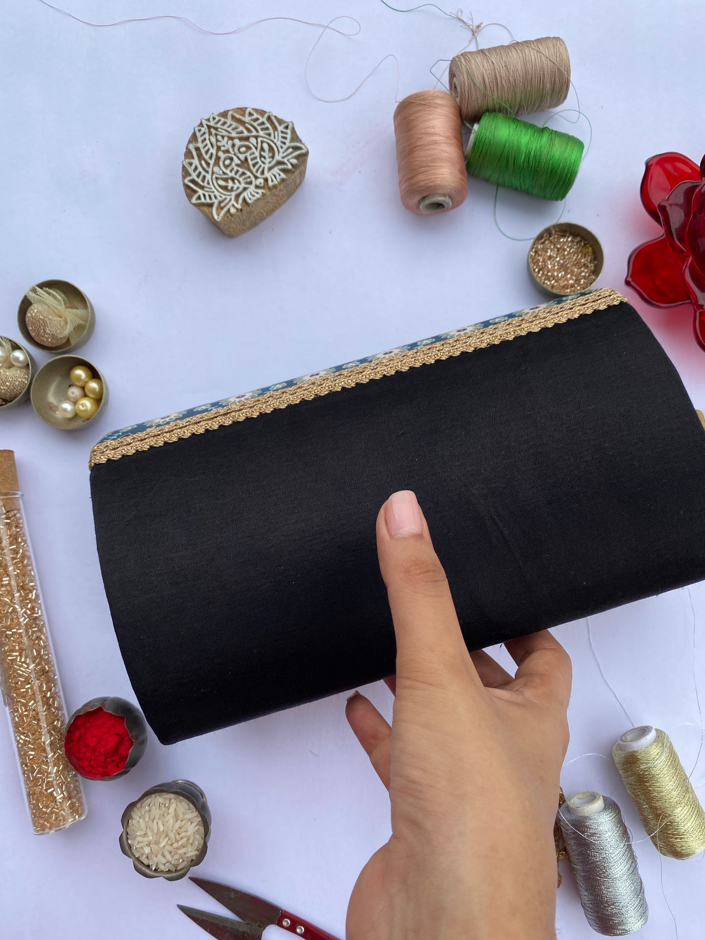 Set of 3 Micro Beaded Clutch X Solid Complimenting Silk