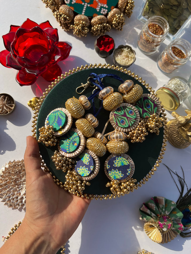 Peacock print charms/tassels set of 3.