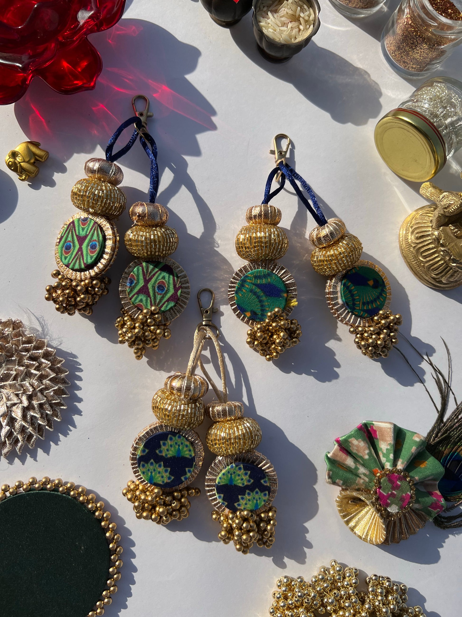 Peacock print charms/tassels set of 3.