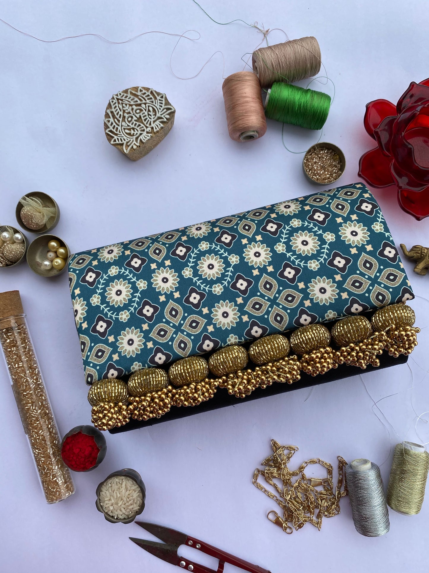Set of 3 Micro Beaded Clutch X Solid Complimenting Silk