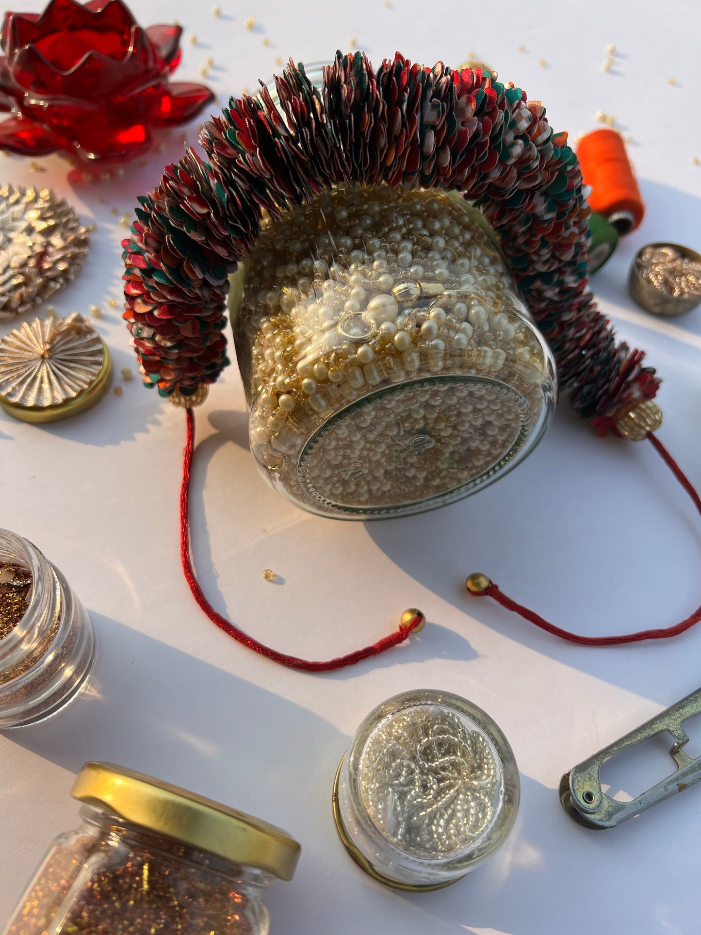 Pink & Bottle Green Navratna Patola Gajra- FLOWER GARLAND FOR HAIR