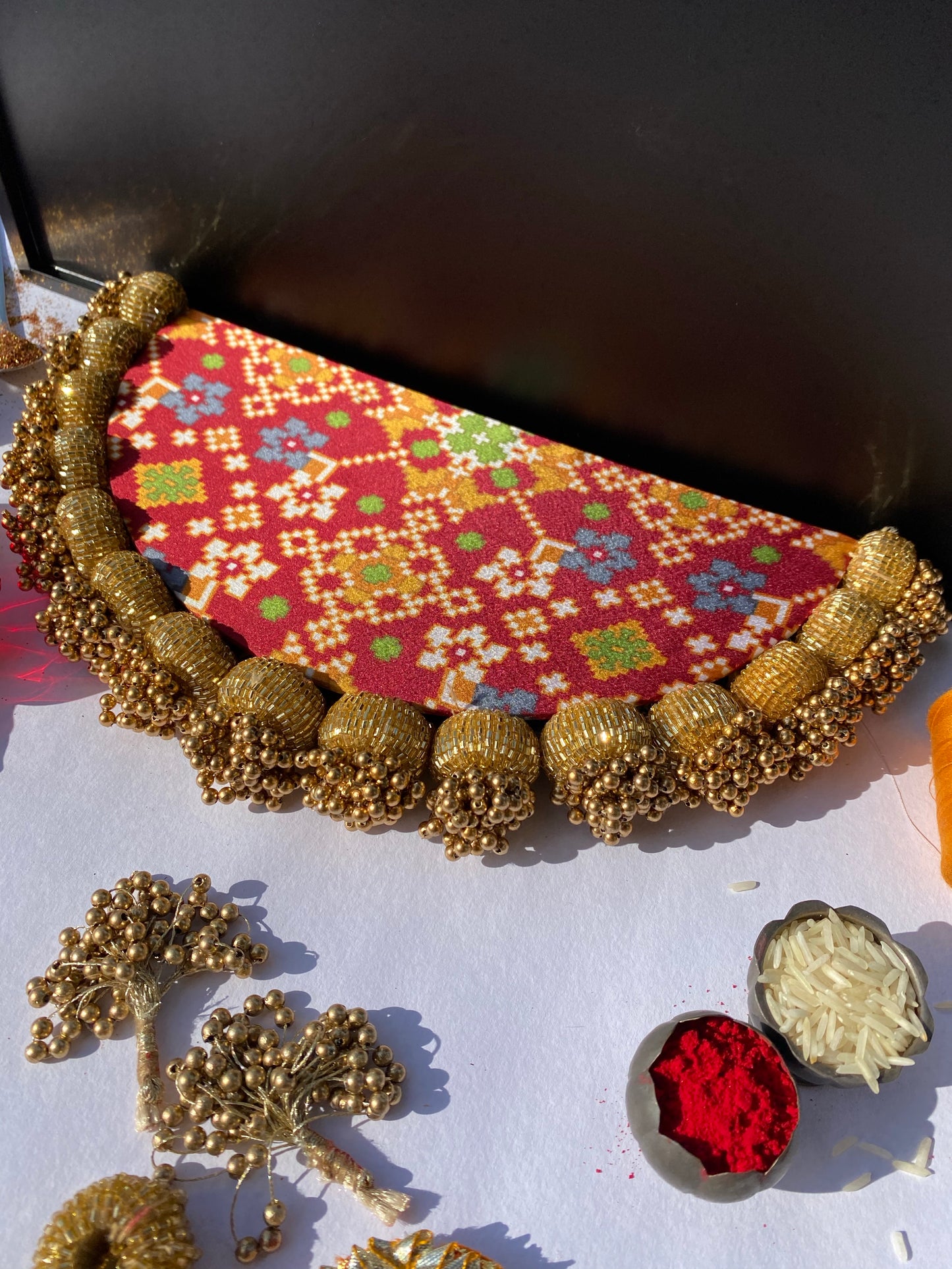 Maroon Navratna Patola & Congruous Divine Pichwai Glass Beaded Arc Rangoli
